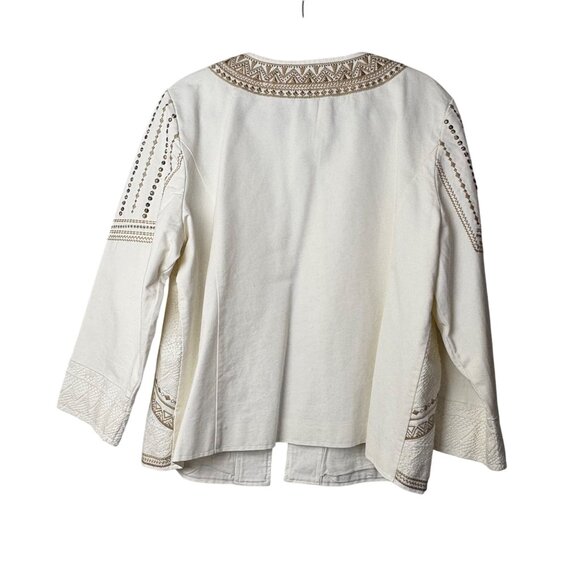 Chico’s Linen Ivory & Gold Open Front Tribal Jacket Size 3 XL Gold Tone Beading - Picture 2 of 8